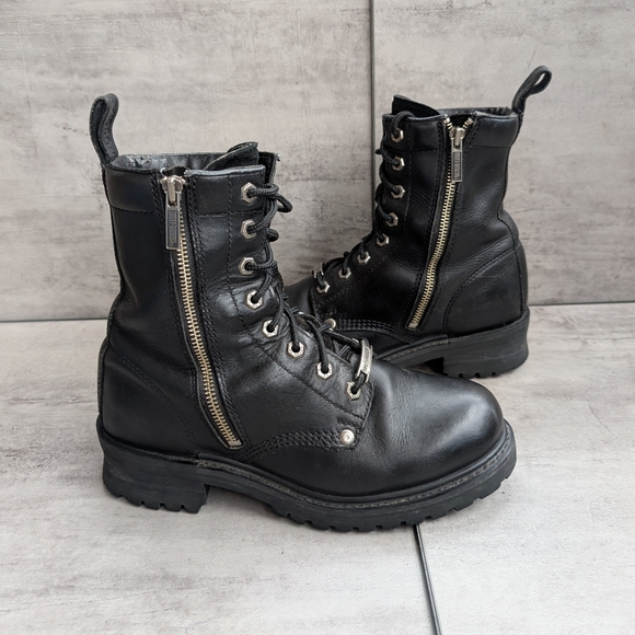 Harley-Davidson Shoes - Harley Davidson Women's Black Leather Motorcycle Combat Boots Size 9 Side Zip